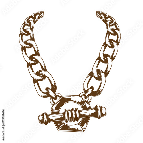Vintage Grunge texture Brown metal chain with a bolt and nut pendant on white background