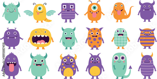 Cute colorful monster character vector set with funny aliens, quirky creatures, playful expressions, and kawaii cartoon fantasy mascots for kids