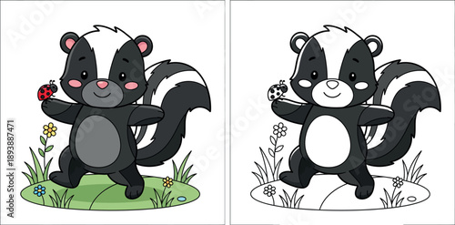 Cute cartoon skunk character holding a red ladybug on its hand vector illustration; happy black and white forest animal standing on grass with flowers.