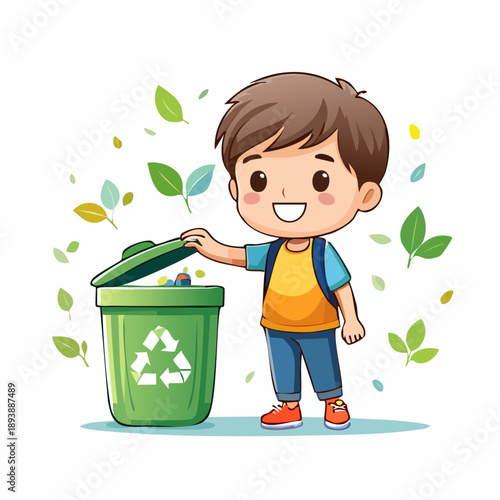 Cartoon kid animal placing trash into a dustbin, simple geometric vector style
