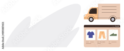 E-commerce, online shopping, product delivery, logistics, digital marketplace, mobile commerce. A delivery truck beside an online store interface displaying products. E-commerce and online shopping