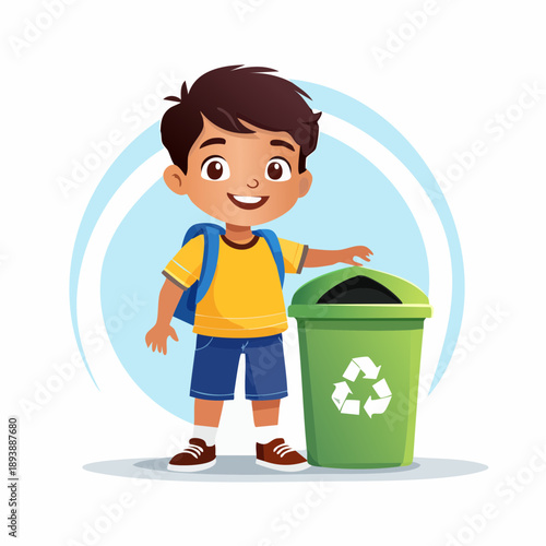 Cartoon kid animal placing trash into a dustbin, simple geometric vector style