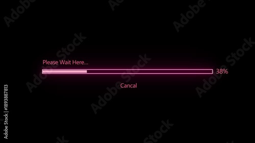 Digital progress bar animation neon pink glow loading status indicator showing percentage completion on black background