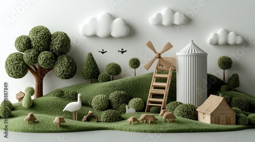 Wallpaper Mural A whimsical diorama depicts a charming, miniature landscape with fluffy clouds, trees, a windmill, and a small house Torontodigital.ca