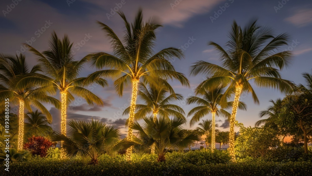 Obraz premium Lit palm trees under a dusk sky. Tropical scene with ambient lighting