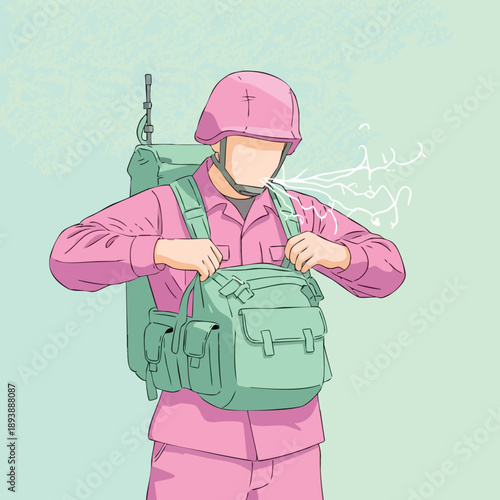 Soldier in pink uniform with backpack, exhaling steam. Military concept.