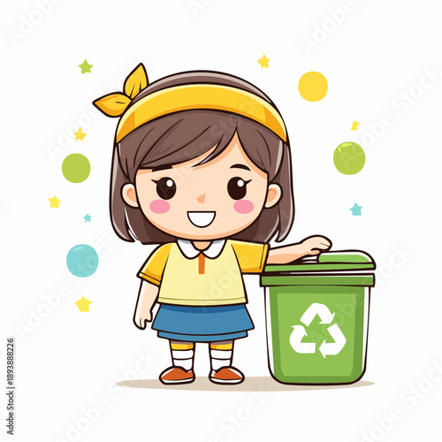 Cartoon kid animal placing trash into a dustbin, simple geometric vector style