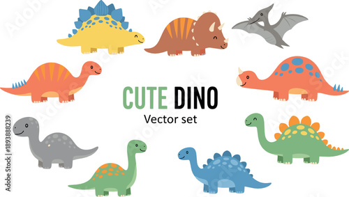 Cute dinosaur vector set with colorful prehistoric animals, friendly cartoon dinos, pterodactyl, and playful kids fantasy illustrations