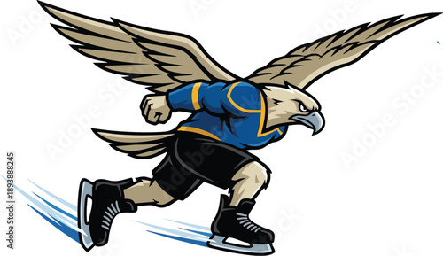 Running Eagle Ice Skating Mascot Vector Illustration, Powerful Eagle Character in Motion, Winter Sports Logo Design on White Background