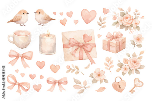 Romantic watercolor vector set with birds, hearts, flowers, bows, candles, gifts and love elements isolated on white. Perfect for Valentine’s Day designs, wedding stationery, cards and invitations.