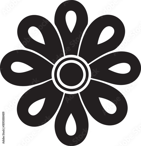 Black and white flower shape with teardrop petals and circular center