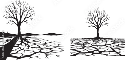 barren trees on cracked dry earth in drought landscape scene black vector set.
