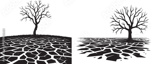 barren trees on cracked dry earth in drought landscape scene black vector set.
