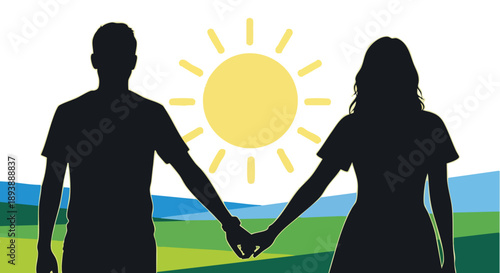 Couple Holding Hands Silhouette. Romantic Relationship Illustration. Love and Hope Concept.