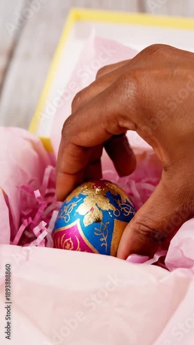 Hand engages in placing decorative egg into soft pink filling of gift box. Clear focus on vibrant egg details. Concept of holiday gifting, celebration, seasonal decor