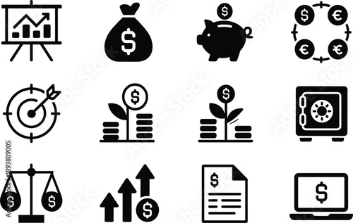 Comprehensive set of twelve financial icons including growth charts money bags and banking security vector