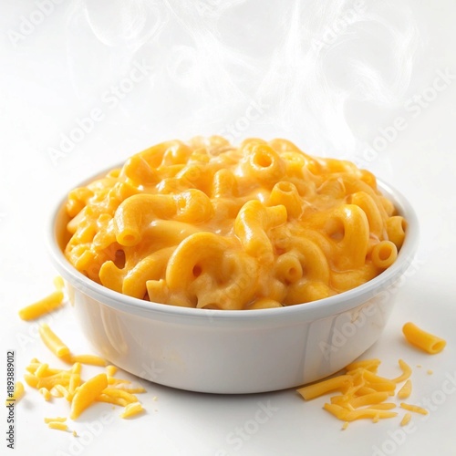 Delicious steaming hot macaroni cheese in a white bowl white background.