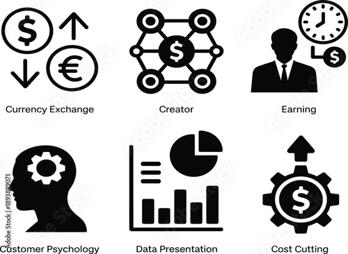 Business and financial icons set including currency exchange creator earning data presentation and cost cutting vector
