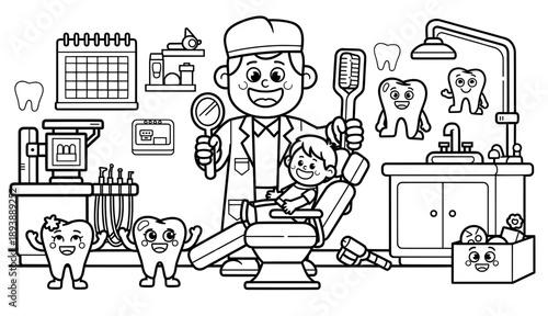 Cartoon illustration of a cheerful dentist holding tools, with a child in a dental chair, surrounded by playful tooth characters and dental equipment in a bright clinic setting