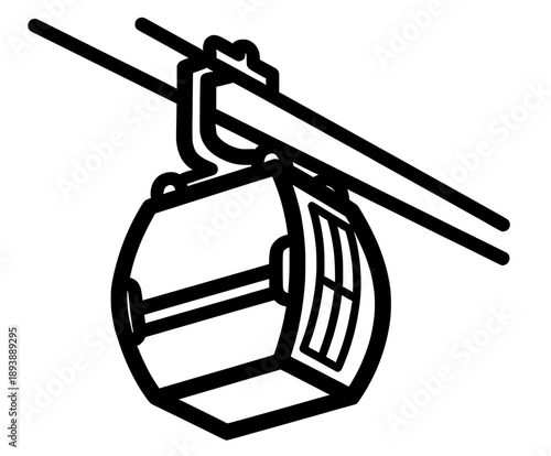 Illustration of a ski lift with a cable system, transporting skiers up a snowy mountain, surrounded by pine trees and a clear blue sky, showcasing winter sports and outdoor adventure