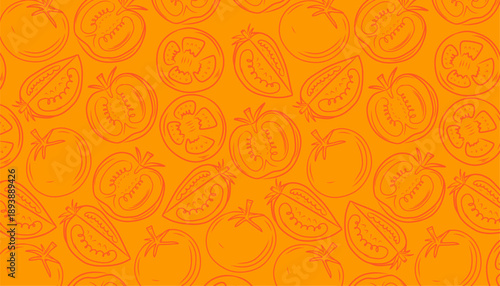 Vintage Tomato Sketch Seamless Pattern Background. Hand Drawn Food Illustration Texture