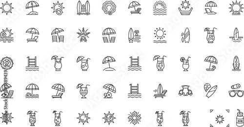 Black and white beach including umbrellas lounge chairs surfboards suns cocktails line umbrellas