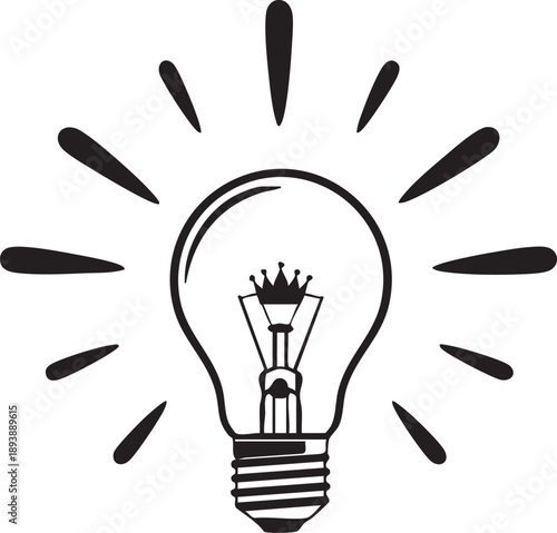 Black and white lightbulb with rays on white background symbol