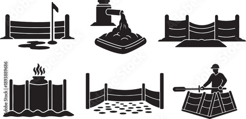 5 Black Solid Spill Berm Setup Silhouettes Set on White Background