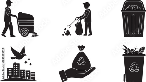 6 Black Solid Street Cleaning Silhouettes Set on White Background