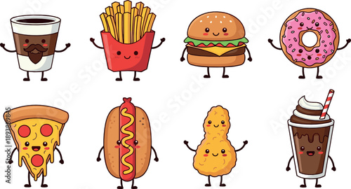 Cute fast food character vector set with burger, fries, pizza, donut, hot dog, nuggets, coffee, soda, and kawaii cartoon snacks