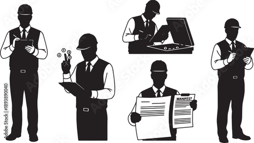 5 Black Solid Tally Clerks Checking Cargo Silhouettes Set on White Background