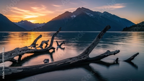 Mountain lake at sunset, featuring a fallen tree