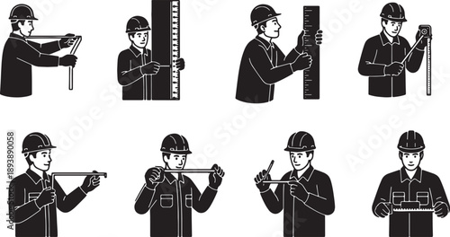 6 Black Solid Tape Measure Reading Silhouettes Set on White Background