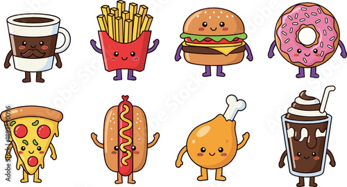 Cute fast food character vector set with burger, fries, pizza, donut, hot dog, coffee, soda, and kawaii cartoon snacks