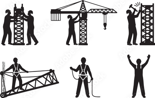 6 Black Solid Tower Crane Assembly Silhouettes Set on White Background