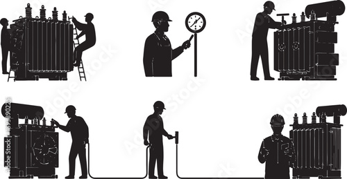 6 Black Solid Transformer Repair Silhouettes Set on White Background
