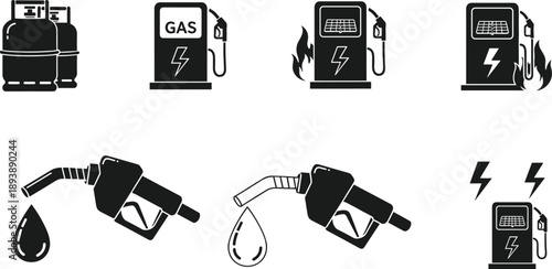 Black and white of gas pumps and fuel nozzles with flames and lightning bolts