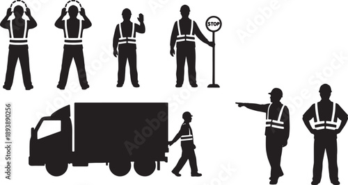 5 Black Solid Workers Guiding Trucks Silhouettes Set on White Background