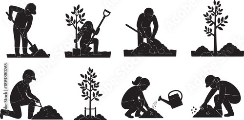 6 Black Solid Tree Planting Silhouettes Set on White Background