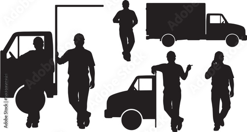 5 Black Solid Workers Leaning Against Truck Silhouettes Set on White Background