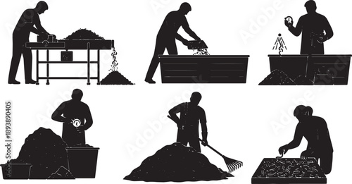 5 Black Solid Silhouettes of Vermiculture Workers