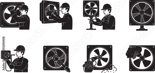 6 Black Solid Ventilation Fan Repair Silhouettes Set on White Background