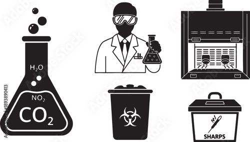 5 Black Solid Laboratory Waste Silhouettes Set on White Background