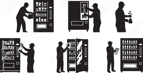 6 Black Solid Vending Machine Stocking Silhouettes Set on White Background