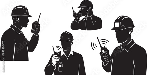 5 Black Solid Workers Using Walkie Talkies Silhouettes Set on White Background