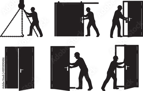 5 Black Solid Workers Opening Warehouse Doors Silhouettes Set on White Background