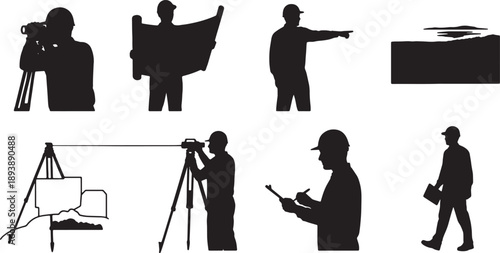 6 Black Solid Landscape Architect Silhouettes Set on White Background