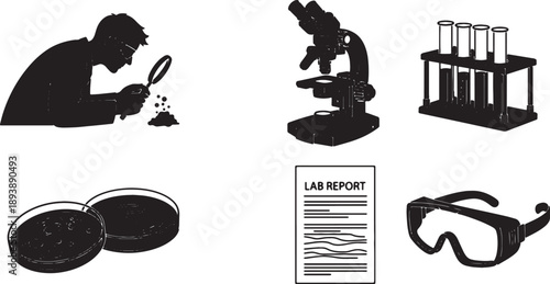 6 Black Solid Waste Analysis Silhouettes Set on White Background