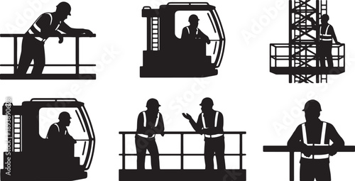 5 Black Solid Leaning Railing Observation Silhouettes Set on White Background