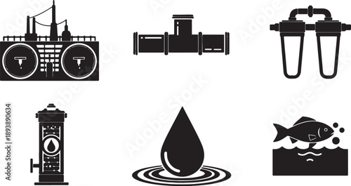 5 Black Solid Wastewater Treatment Silhouettes Set on White Background